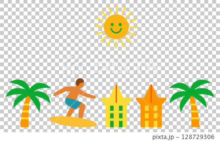 太陽の下でサーフィンを楽しむ男性のポップでカラフルな夏のイラストセット 太陽の下でサーフィンを楽しむ男性のポップでカラフルな夏のイラストセット 128729306