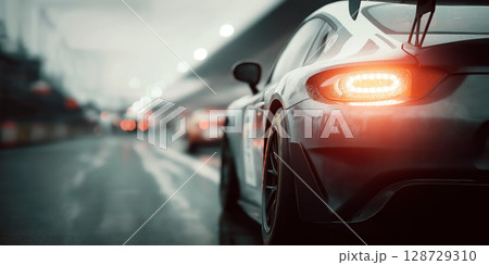 taillights of sports racing car on the track in a race close-up 128729310