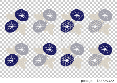Elegant morning glory illustration set (2 flowers, calm color scheme of dark blue and gray) 128729322