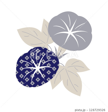 朝顔のイラスト（2輪咲き・濃紺×ソフトグレー・和柄入り） 128729326