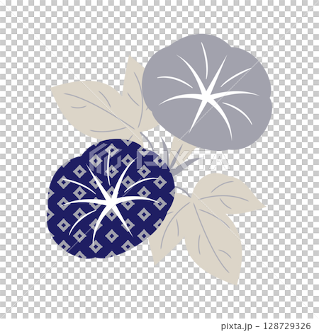 牽牛花插圖（兩朵花，深藍色 x 淺灰色，帶有日本圖案） 128729326