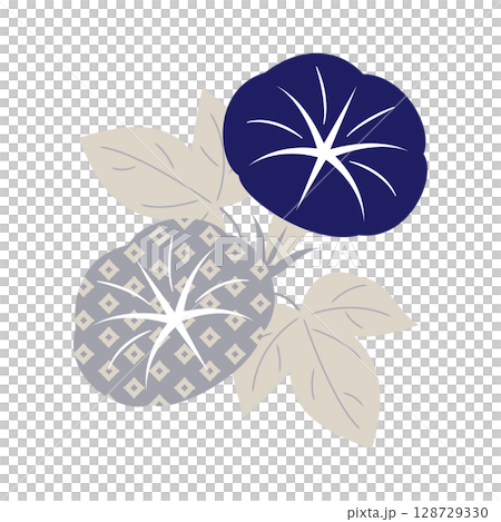 牽牛花插圖(兩朵花,淺灰色×深藍色,日本圖案) 牽牛花插圖(兩朵花,淺灰色×深藍色,日本圖案) 128729330