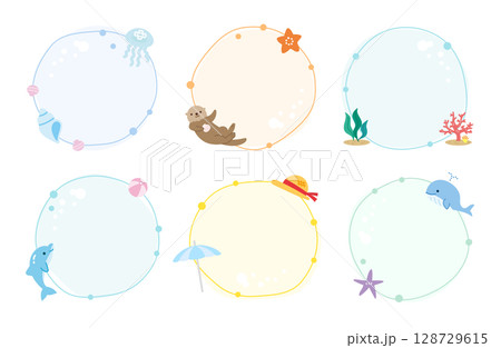 海のフレームセット　丸　イラスト　夏 128729615