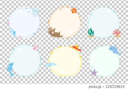 海のフレームセット　丸　イラスト　夏 128729615
