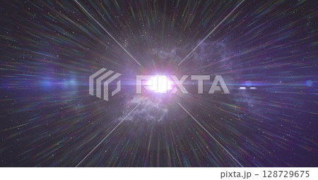 Radiating central light source sending colorful beams in deep space, with purple nebula, star field Radiating central light source sending colorful beams in deep space, with purple nebula, star field 128729675