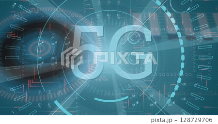 Floating stylized 5G text graphic in virtual interface, with concentric data-ring overlays 128729706
