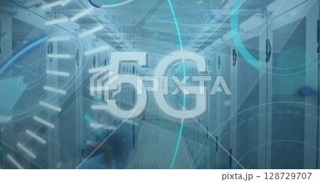 Floating 5G text hovering above grated floor in data center corridor, with server racks 128729707