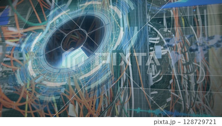 Displaying orange grey white network cables on server rack in data center with hologram 128729721