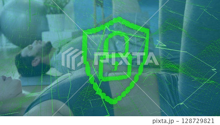 Showing couple resting on yoga mats at fitness studio, with green shield overlay and padlock icon Showing couple resting on yoga mats at fitness studio, with green shield overlay and padlock icon 128729821