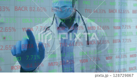 Image of stock market data processing over male doctor touching an invisible screen Image of stock market data processing over male doctor touching an invisible screen 128729867