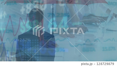 Image of financial data and graphs over back view of businesswoman with umbrella 128729879