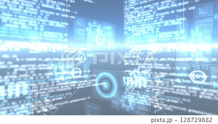 Image of data processing and shapes moving on black background 128729882