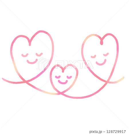 目をつぶって笑顔で寄り添う3つのピンクのハート 愛 128729917