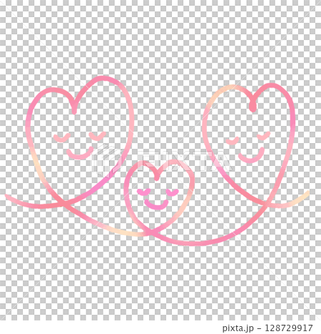 目をつぶって笑顔で寄り添う3つのピンクのハート 愛 128729917