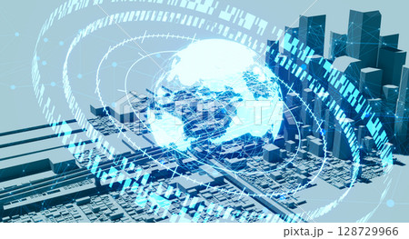 未来都市と地球ネットワークを融合した情報化社会の3Dイラスト 未来都市と地球ネットワークを融合した情報化社会の3Dイラスト 128729966