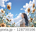 ひまわりを見上げる少女懐かしい夏　1 128730106