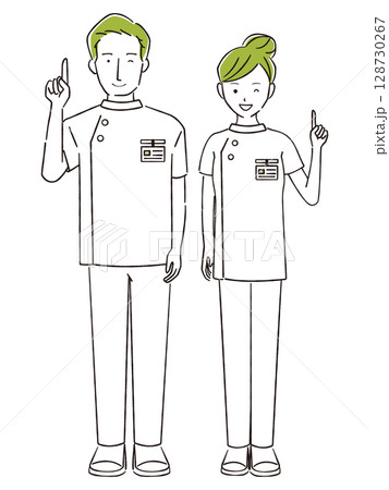手描き1color　理学療法士の男女　指さしポーズ　全身　40代30代 128730267
