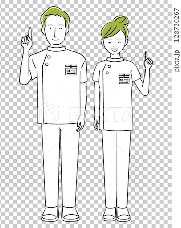 手描き1color　理学療法士の男女　指さしポーズ　全身　40代30代 128730267