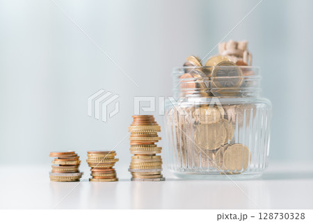 Business save money coin growth concept involves strategic financial management investment loan bank real estate economic development encourage buy income stack investment economy return accountancy 128730328