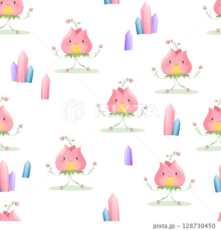 Seamless pattern with flower characters and colorful crystals Seamless pattern with flower characters and colorful crystals 128730450