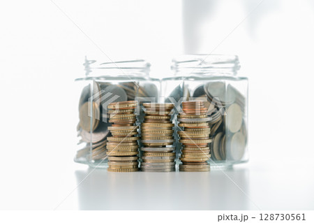 Business save money coin growth concept involves strategic financial management investment loan bank real estate economic development encourage buy income stack investment economy return accountancy 128730561