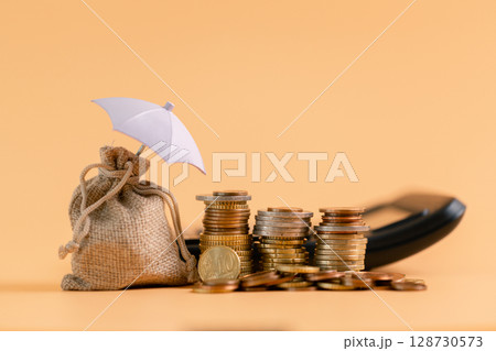 Insurance background money coin concept business protection finance sale financial investment buy automobile purchase loan deal agent rent rental premium assurance save banking tax return calculation 128730573