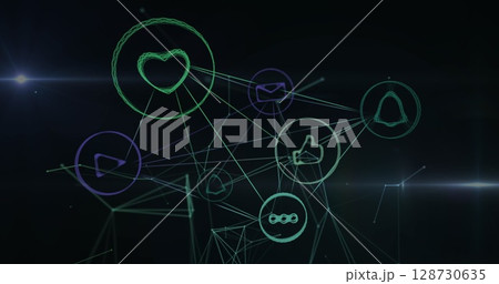 Image of network of connections with social media icons on black background Image of network of connections with social media icons on black background 128730635