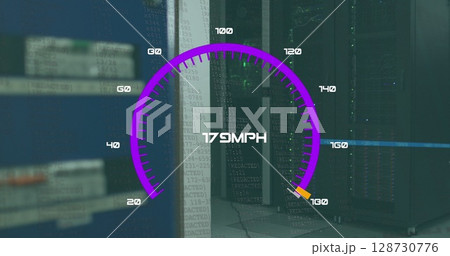 Image of speed gauge and data processing over computer servers Image of speed gauge and data processing over computer servers 128730776