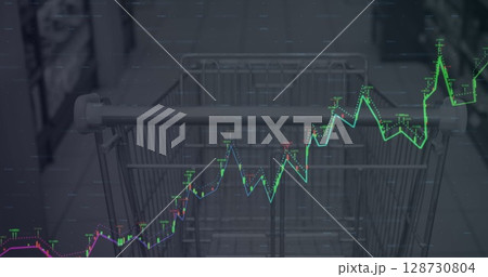 Financial data processing and world map against empty shopping cart in grocery store Financial data processing and world map against empty shopping cart in grocery store 128730804