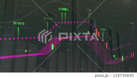 Image of financial graphs and data over world map on black background 128730830
