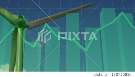 Image of financial graphs over wind turbine 128730886
