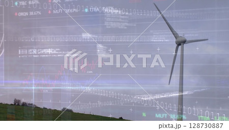 Image of financial graphs over wind turbine Image of financial graphs over wind turbine 128730887