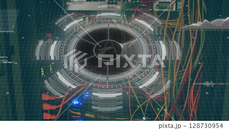 Image of round scanner and data processing over close up of a computer server 128730954