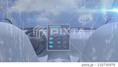Image of data processing and network of connections over self driving car interior and blue sky Image of data processing and network of connections over self driving car interior and blue sky 128730979