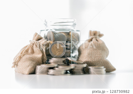 Business save money coin growth concept involves strategic financial management investment loan bank real estate economic development encourage buy income stack investment economy return accountancy 128730982