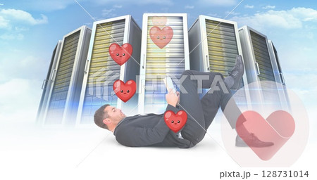 Image of hearts and caucasian man over servers Image of hearts and caucasian man over servers 128731014
