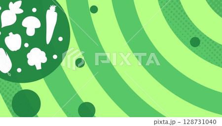 Image of vegetables in circle and dots moving on green striped background 128731040