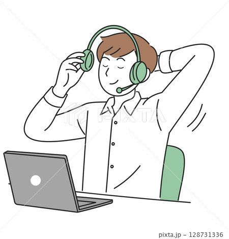 ヘッドセットを外してストレッチする男性のイラスト 128731336
