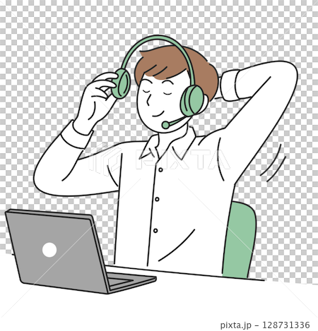ヘッドセットを外してストレッチする男性のイラスト 128731336