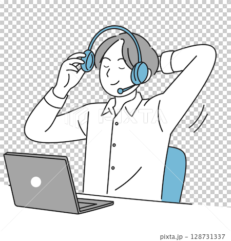 一位男士摘下耳機並伸展身體的插圖 128731337