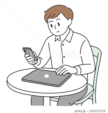 カフェでスマホを見る男性のイラスト カフェでスマホを見る男性のイラスト 128731339