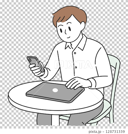 カフェでスマホを見る男性のイラスト カフェでスマホを見る男性のイラスト 128731339