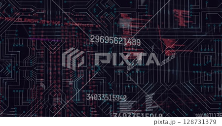 Image of data processing over integrated circuit in green and black space 128731379