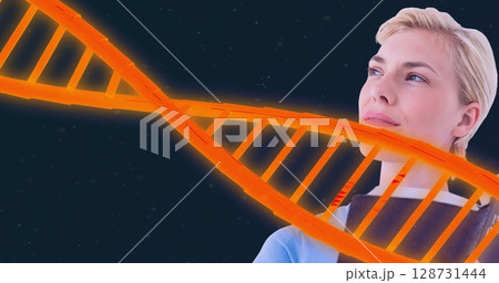 Image of dna over caucasian woman with book on black background Image of dna over caucasian woman with book on black background 128731444