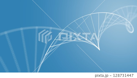 Displaying curved white dotted double helix swirling on blue gradient background, with DNA theme Displaying curved white dotted double helix swirling on blue gradient background, with DNA theme 128731447