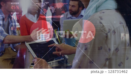 Image of financial data processing over diverse business people 128731462