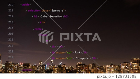 Image of data processing and numbers over cityscape 128731508