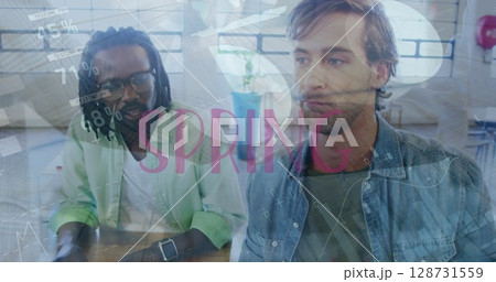 Image of spring text and data processing over diverse office colleagues discussing at office Image of spring text and data processing over diverse office colleagues discussing at office 128731559