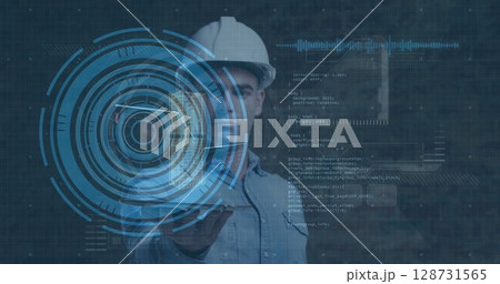 Image of scope scanning over data processing on black background 128731565