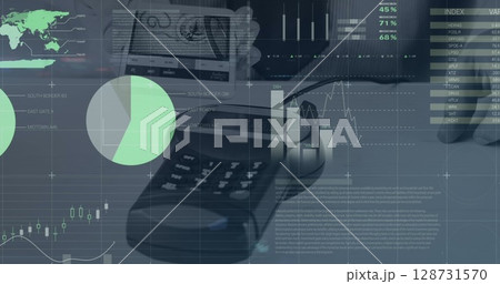 Image of financial data processing and statistics over payment terminal Image of financial data processing and statistics over payment terminal 128731570